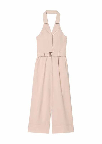 Elegant Beige Halter Pockets Cotton Jumpsuit Sleeveless