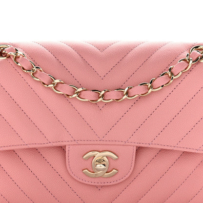Caviar Chevron Quilted Small Double Flap Pink