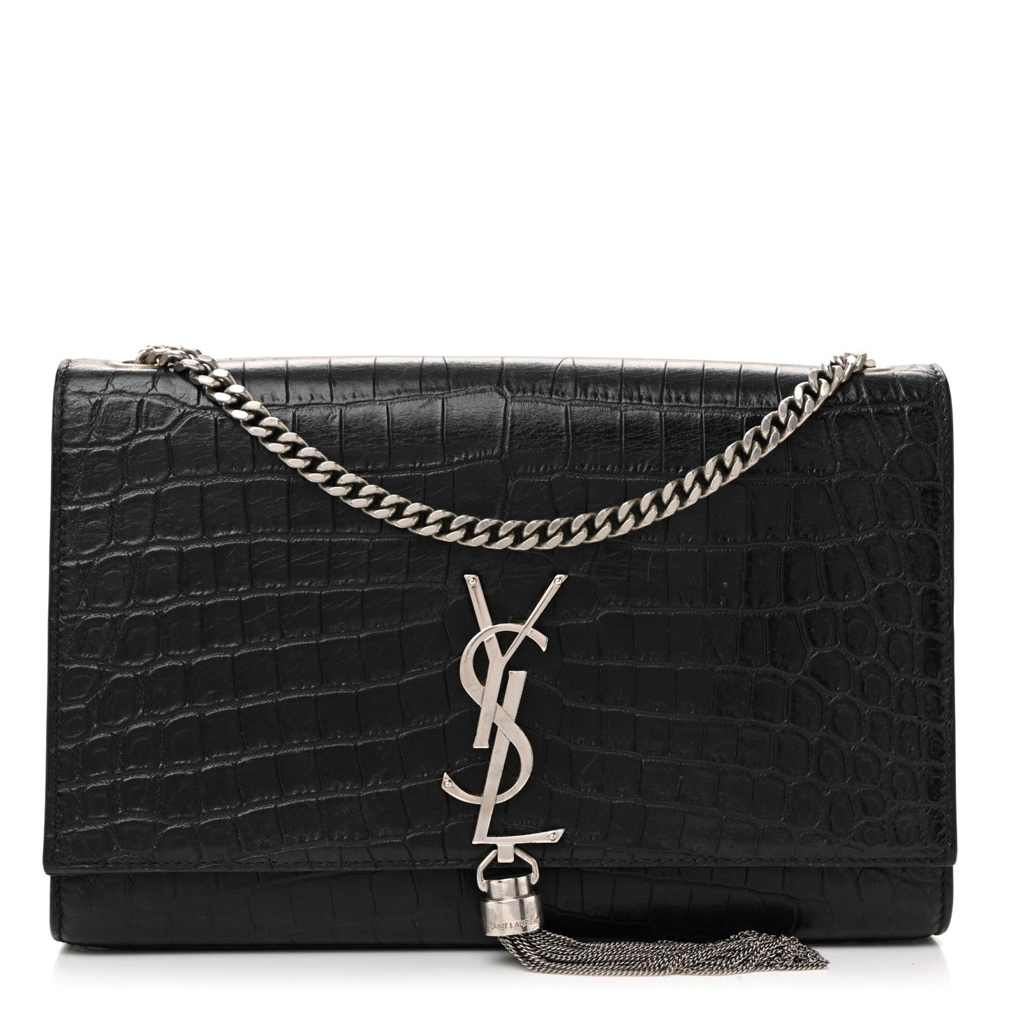 Calfskin Crocodile Embossed Medium Classic Monogram Kate Tassel Satchel Black