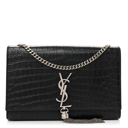 Calfskin Crocodile Embossed Medium Classic Monogram Kate Tassel Satchel Black