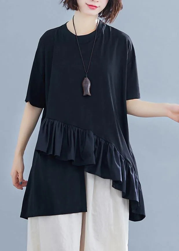 Women black cotton clothes For Women Ruffles asymmetric Midi summer blouses