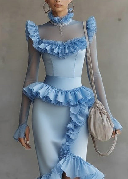 Modern Blue Turtleneck Ruffled Tulle Patchwork Long Dress Flare Sleeve