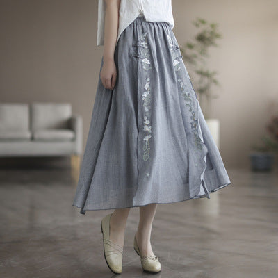 Vintage Double Cotton Linen Embroidered Buckle A-Line Skirt