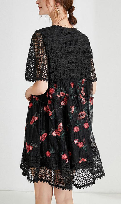 Women Black Embroidery Lace Bow Summer Dress