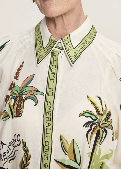 Elegant Green Print Pockets Tie Waist Linen Blouses Dresses Spring