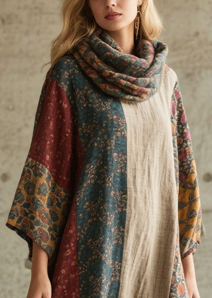 Organic Colorblock Oversized Patchwork Faux Fur Ankle Dress Fall
