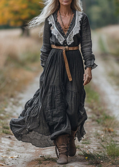 Women Vintage V Neck Lace Patchwork Cotton Long Sleeve Maxi Dress