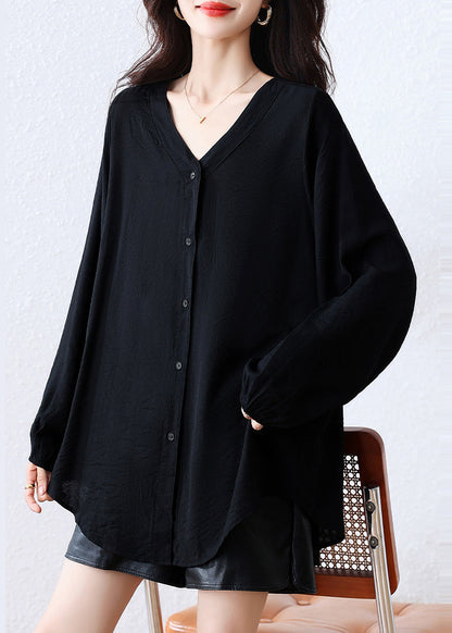 Casual Black Oversized Cotton Blouse Top Fall