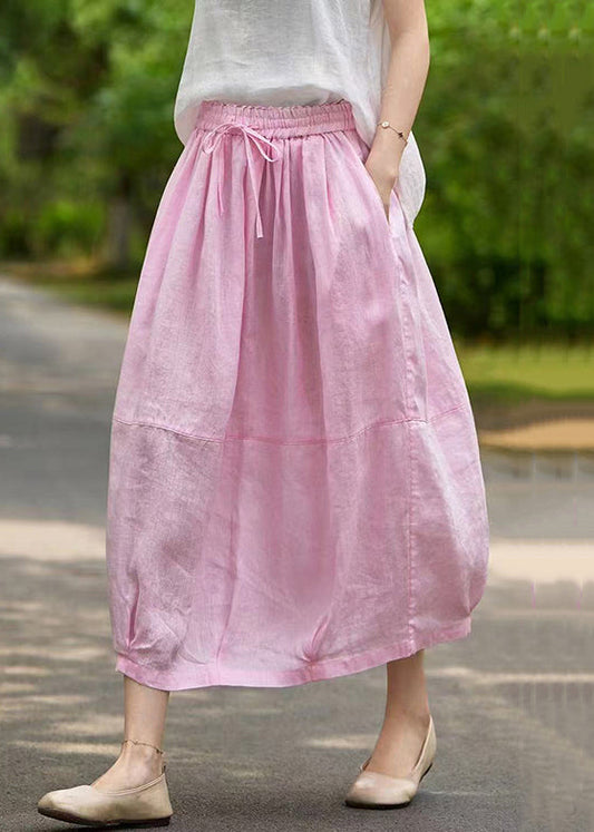 Women Pink Pockets Elastic Waist Linen Skirt Summer