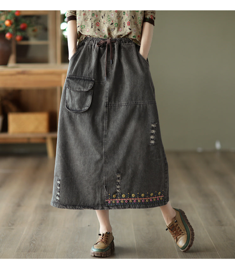 Vintage Embroidered Ripped Denim Slim A-Line Skirt
