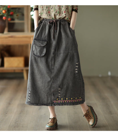 Vintage Embroidered Ripped Denim Slim A-Line Skirt