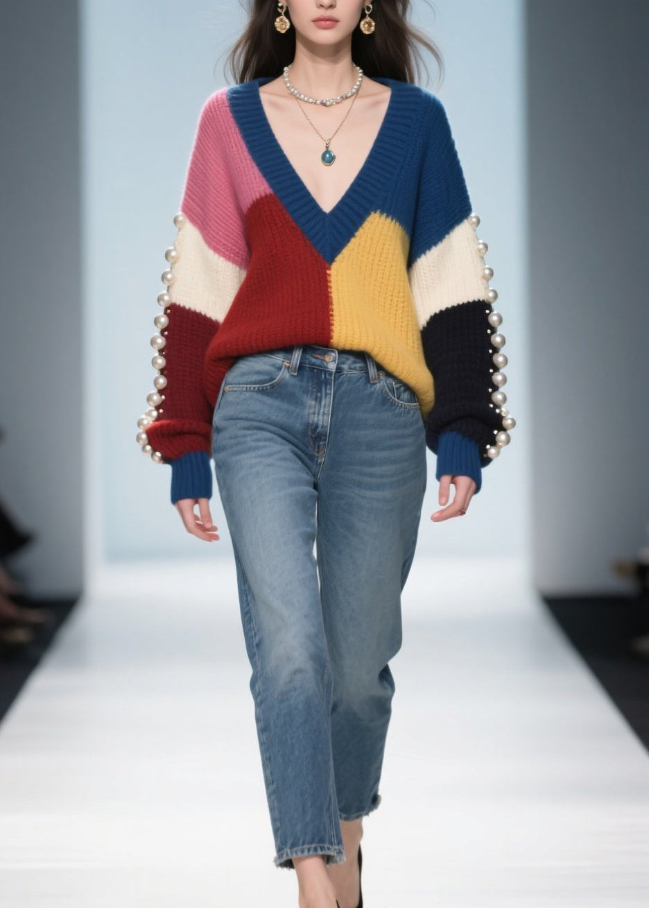 Plus Size Colorblock Nail Bead Patchwork Knit Pullover Fall