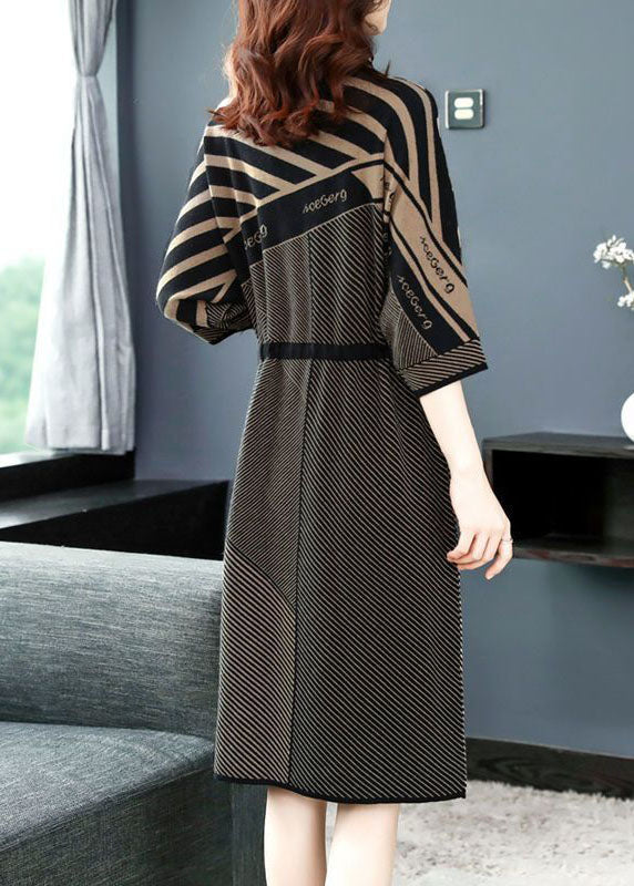 Modern Coffee Turtle Neck Tie Waist Print Knit Dress Batwing Sleeve