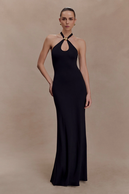 Black Halter Neck Metal Ring Cutout Sleeveless Bodycon Maxi Dress