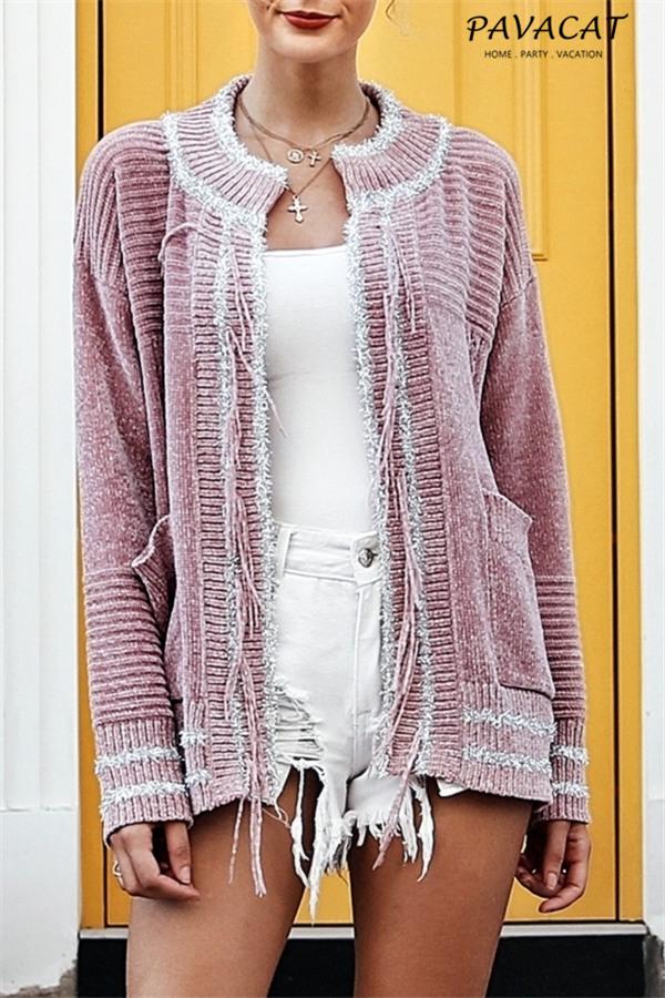Elegant Chenille Tassel Pocket Sweater Cardigan