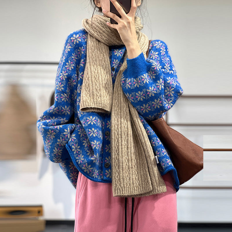 Knit Lazy Single-Breasted Jacquard Thermal Cardigan Sweater