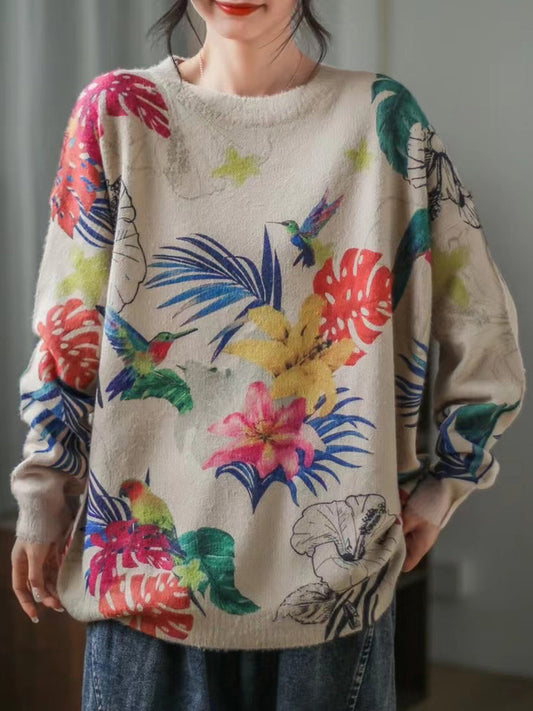 Women Long Sleeve Print Loose Casual Sweater