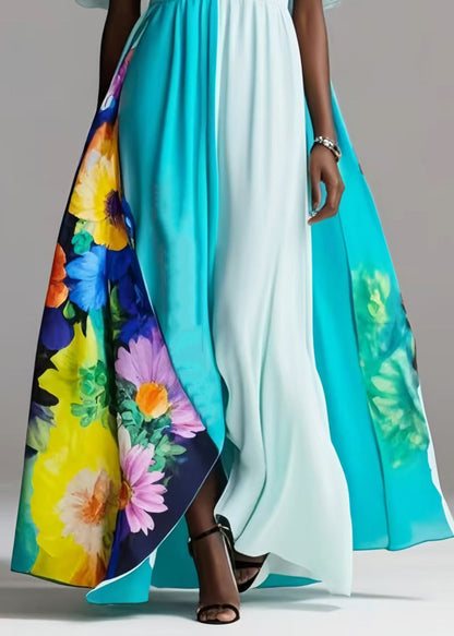 Beautiful Blue Exra Large Hem Patchwork Silk Vestidos Dress Petal Sleeve