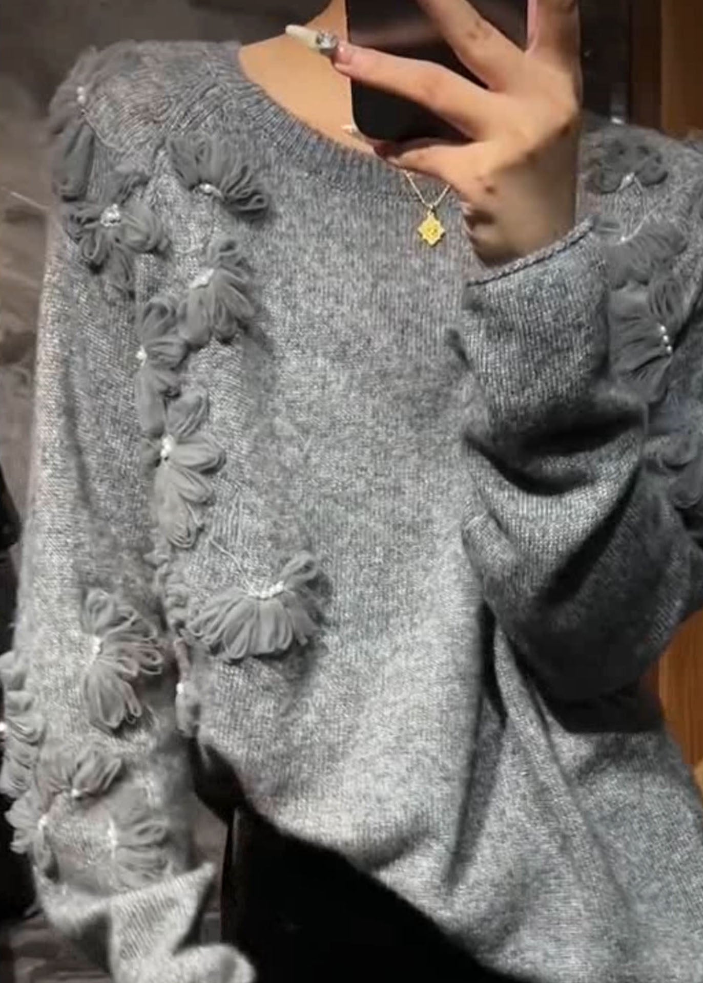 Casual Grey O-Neck Floral Cotton Knit Sweater Fall