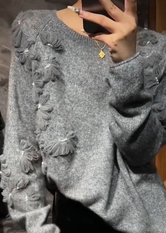 Casual Grey O-Neck Floral Cotton Knit Sweater Fall