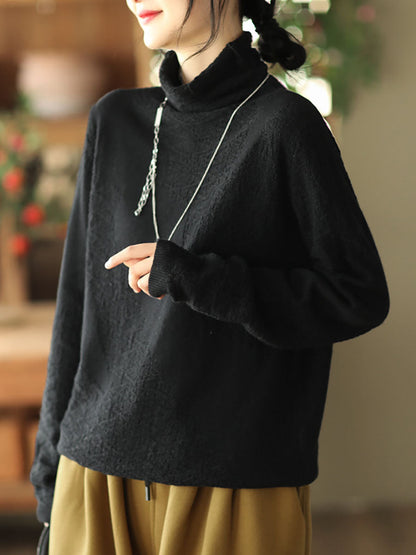 Women Vintage Jacquard Turtleneck Loose Sweater