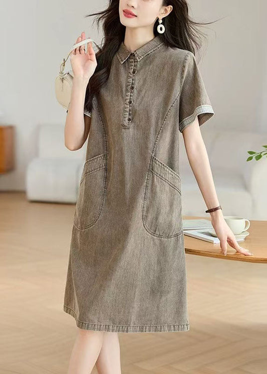 Boho Grey Peter Pan Collar Pockets Denim Day Dresses Summer