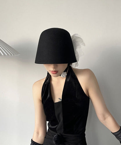 Original Design Black Tulle Rose Wool Bucket Hat
