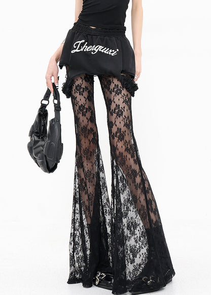 Chic Black False Two Pieces Patchwork Lace Flared Trousers Summer