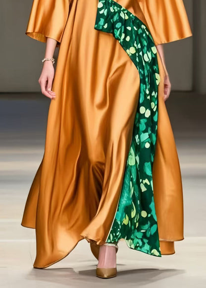 Boho Orange Oversized Print Silk Maxi Dresses Spring