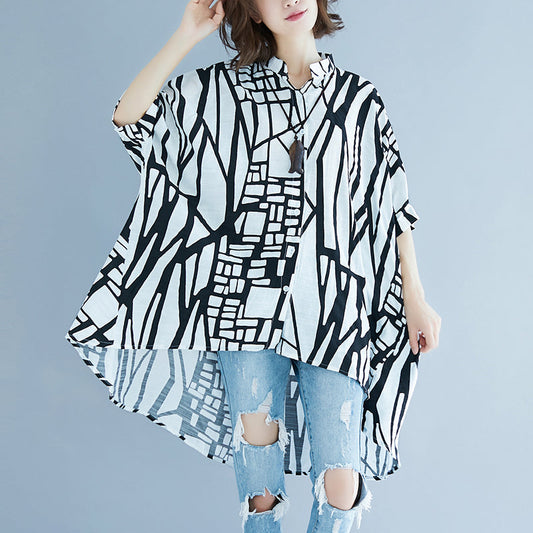 women striped natural cotton linen t shirt plus size casual cardigans Elegant Batwing Sleeve Stand brief t shirt
