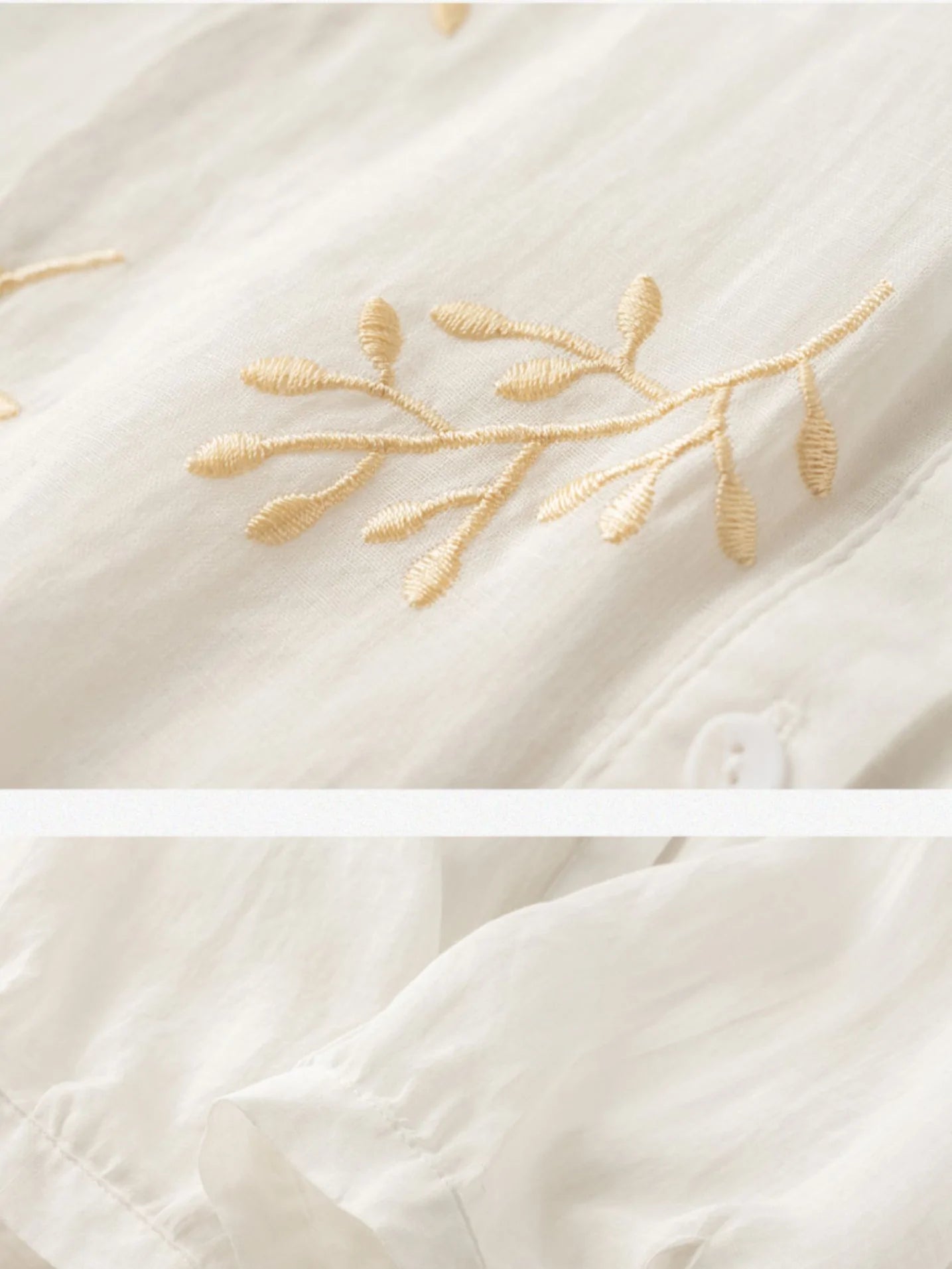 Embroidered 3/4 Sleeve Casual Linen Shirt Top With A Patch Pocket