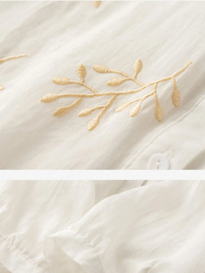 Embroidered 3/4 Sleeve Casual Linen Shirt Top With A Patch Pocket