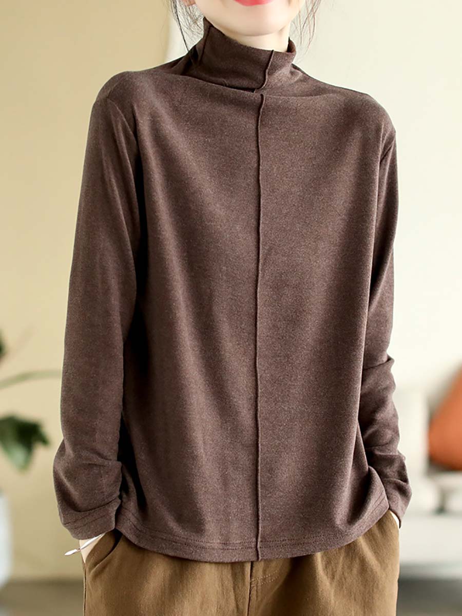 Women Autumn Artsy Solid Warm Turtleneck T-shirt