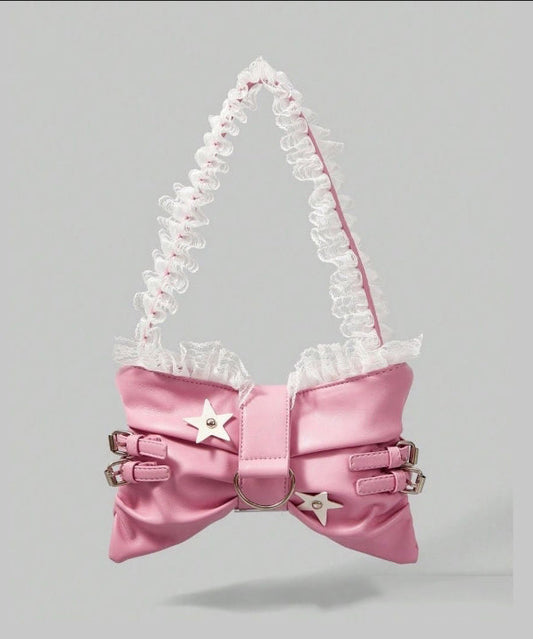 Cute Pink Bow Patchwork Lace Faux Leather Girls Shoulder Bags