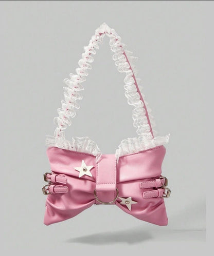 Cute Pink Bow Patchwork Lace Faux Leather Girls Shoulder Bags