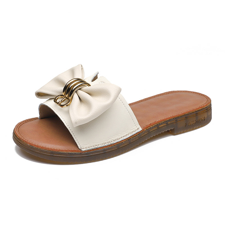 Women Summer Retro Fashion Leather Bowknot Slippers