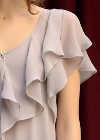 Women Light Grey Ruffled Lace Up Chiffon Top Summer