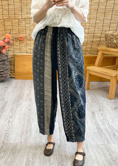 Vintage Black Oversized Print Linen Harem Pants Spring