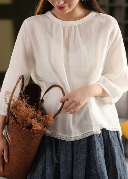 Casual Yellow O Neck Patchwork Linen Blouse Top Summer
