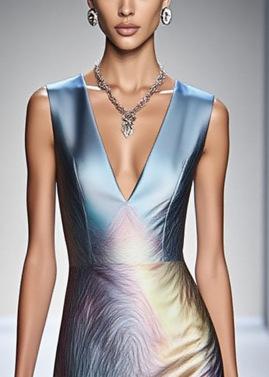 Fashion Gradient Blue V Neck Silm Fit Silk Tea Dress Sleeveless