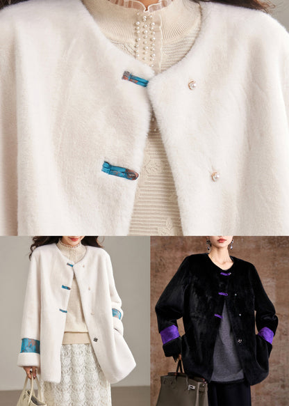 Classy Beige O-Neck Patchwork Leather And Fur Coat Winter