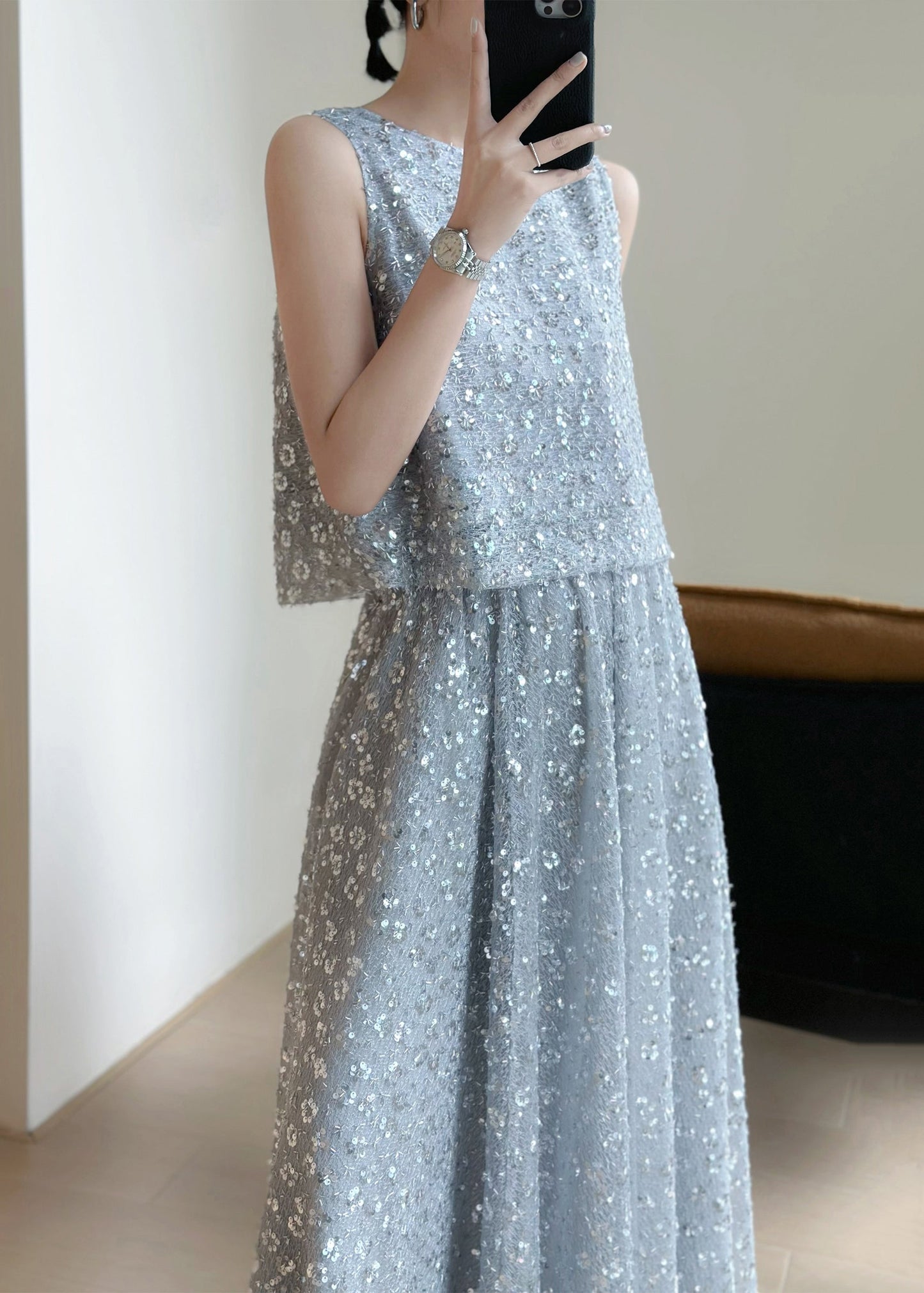 New Grey Lace Up Sequins Tops And Skirts Two Pieces Set Sleeveless