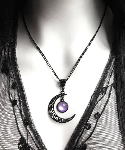 Original Purple Alloy Crystal Moon Hollow Out Pendant Necklace