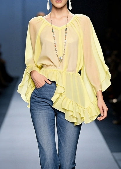 Art Yellow Asymmetrical Ruffled Solid Chiffon Blouses Spring