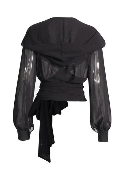 New Coffee Cross Tied Bow Chiffon Hooded Shirt Top Autumn