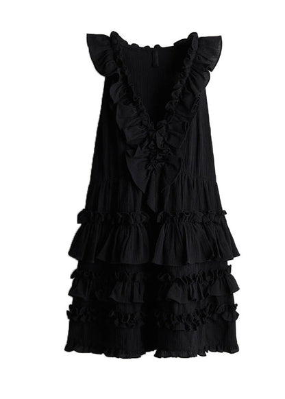 Women Black V Neck Ruffled Patchwork Cotton Dress Sleeveless