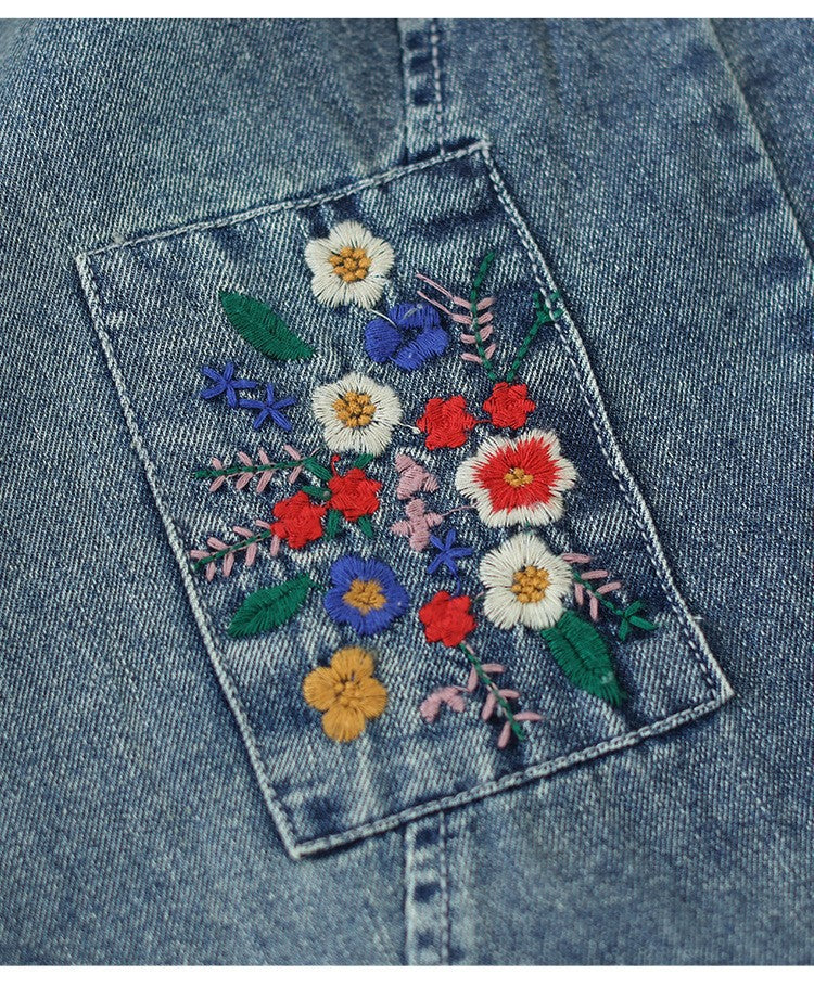 Pocket Embroidery High Waist Literary Retro Nine-point Harem Pants