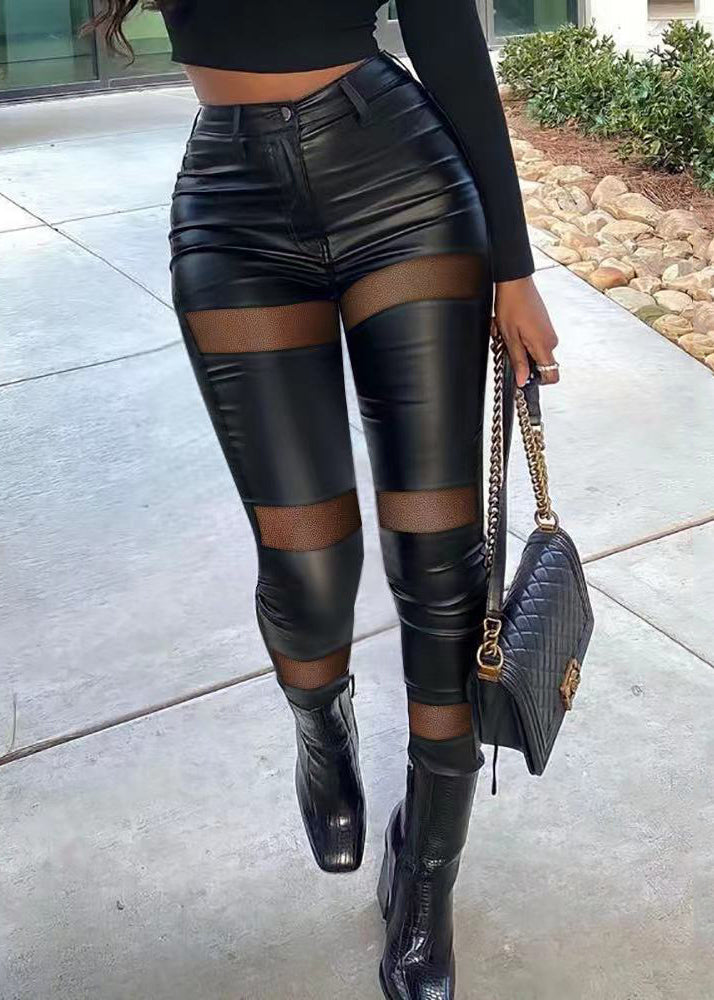 Vintage Black Tummy Control Patchwork Faux Leather Pants Spring