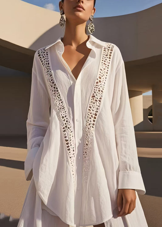 Chic White Oversized Patchwork Hollow Out Cotton Shirts Spring