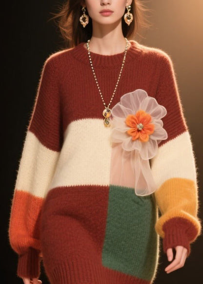 Women Colorblock O Neck Floral Knit Dress Winter